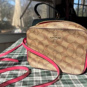 Coach Signature Tan Crossbody Bag with Pink Trim